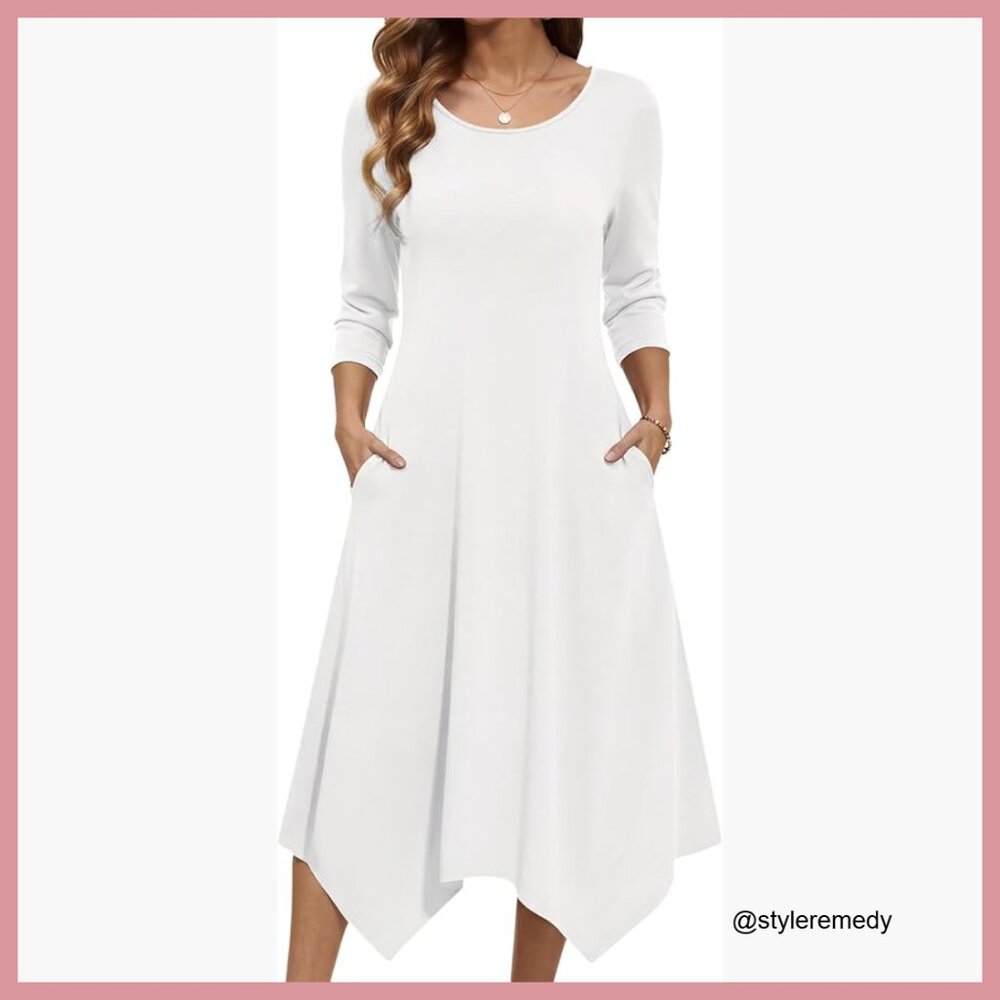 Lightweight Breathable Fabric Midi Dress with Pockets 3/4 Sleeve A-Line